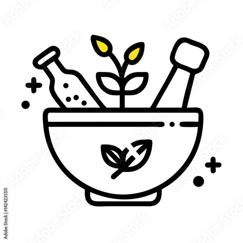 Potion Bowl with Herbs and Tools Icon Representing Herbal Medicine and Elixir Preparation
