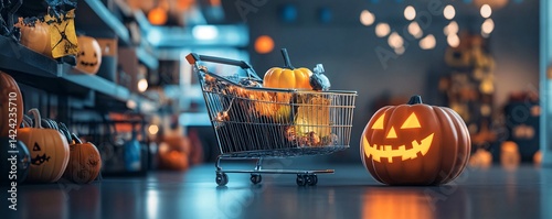 Festive supermarket display with a shopping cart full of halloween trick or treat sweets and decorations