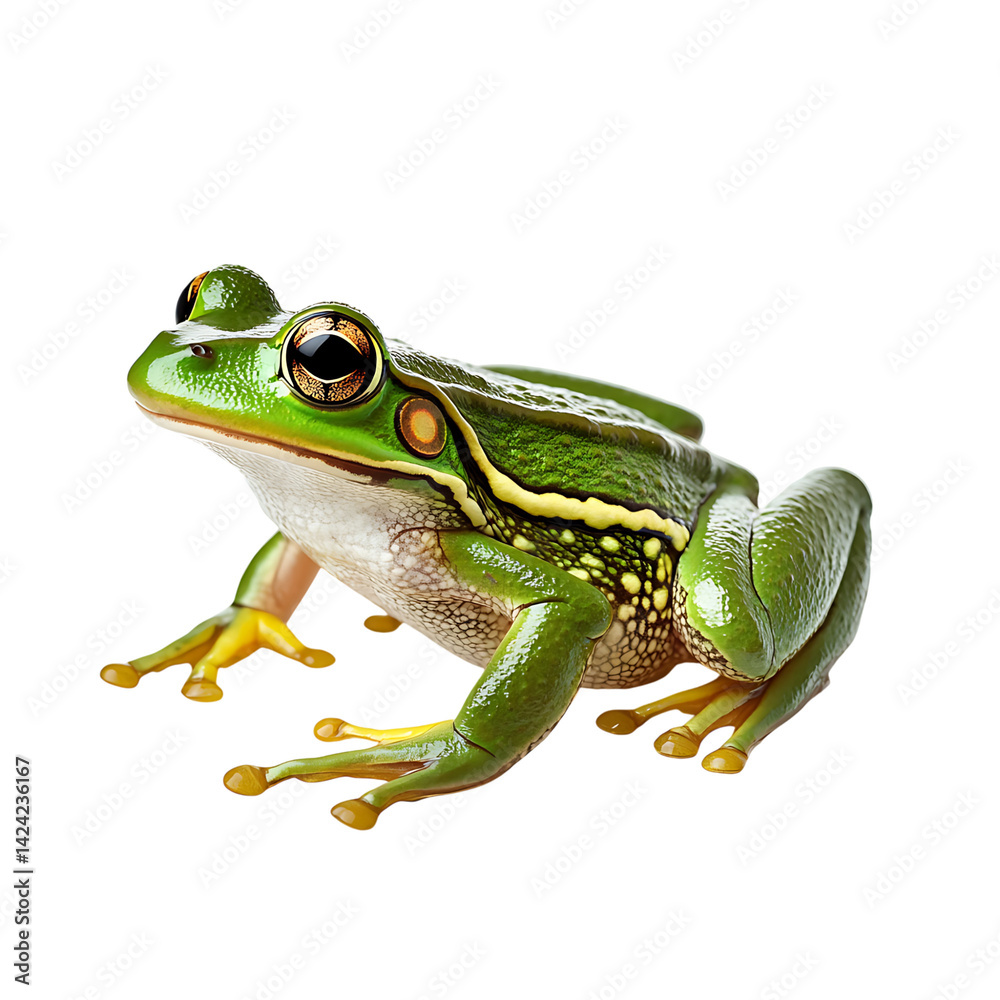 A detailed amphibian frog with moist textured skin and large reflective eyes shown sitting forward facing on a transparent background