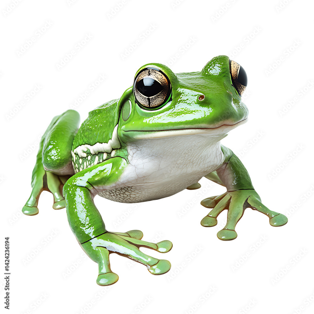 A detailed amphibian frog with moist textured skin and large reflective eyes shown sitting forward facing on a transparent background