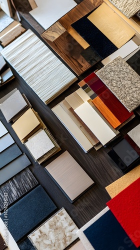 A variety of material samples arranged on a dark surface showcasing different textures and colors
