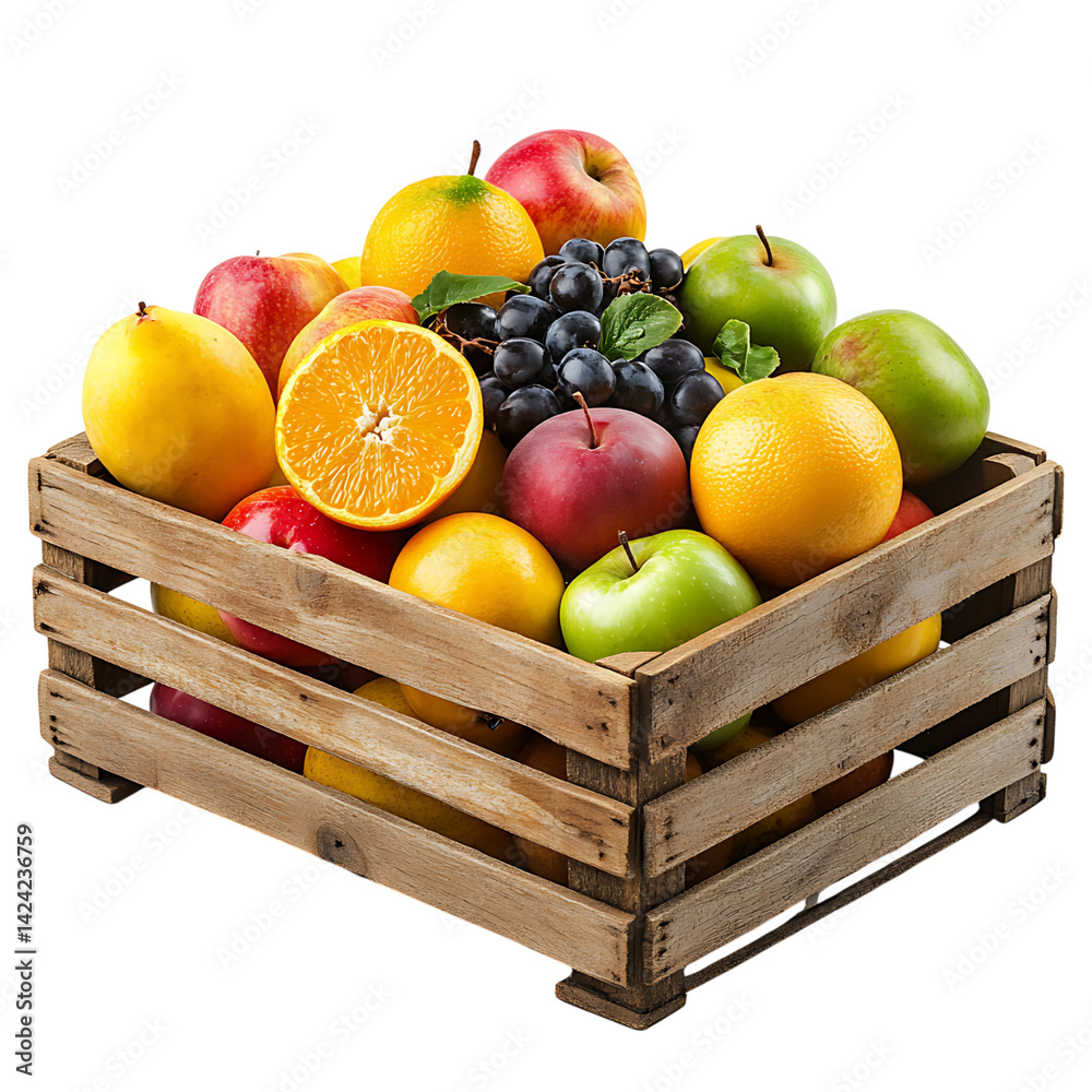 A decorative wooden caddy filled with an assortment of fruits including grapes lemons plums and apples arranged neatly on a transparent background
