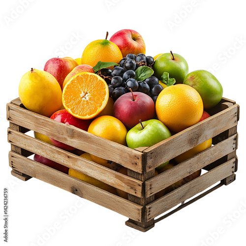 Obraz na płótnie A decorative wooden caddy filled with an assortment of fruits including grapes lemons plums and apples arranged neatly on a transparent background w salonie