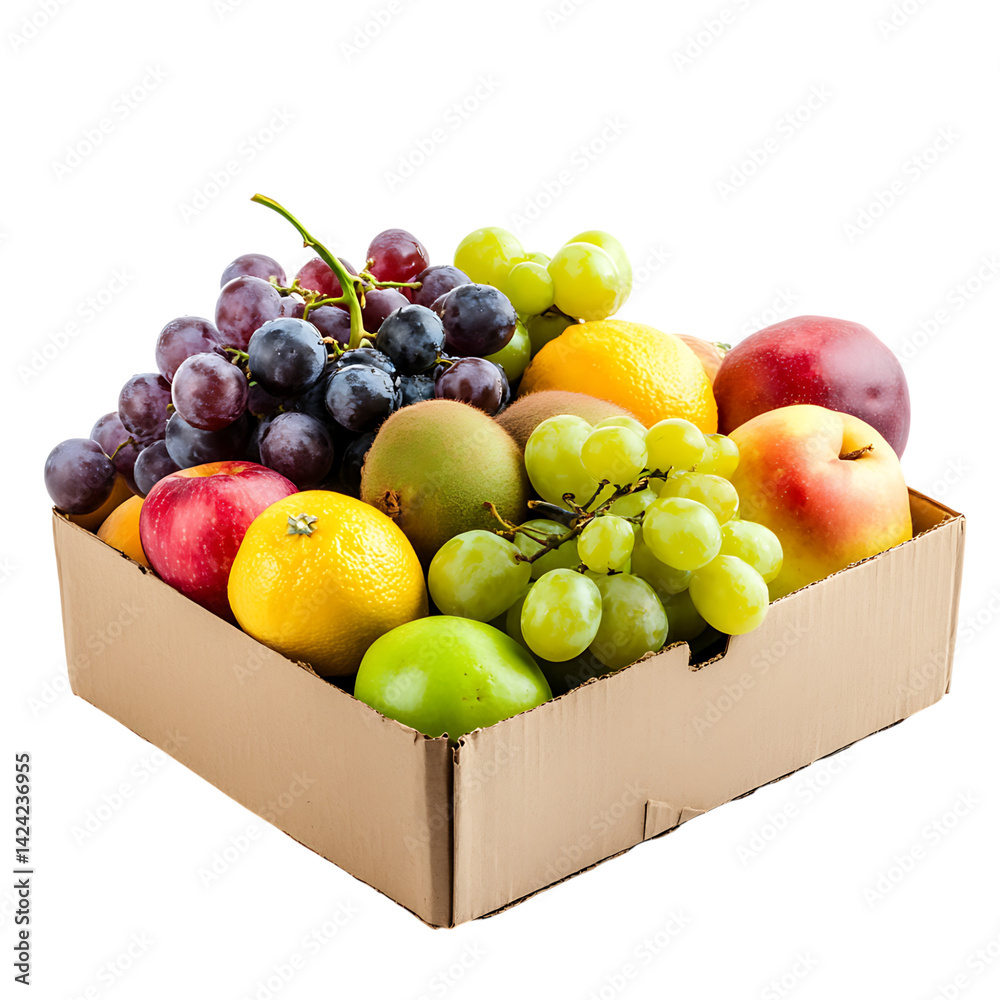 A cardboard box packed with a variety of fruits including bananas apples citrus grapes and strawberries displayed on a transparent background
