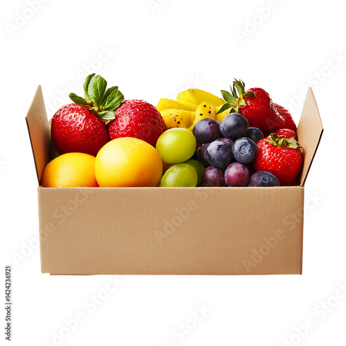Obraz na płótnie A cardboard box packed with a variety of fruits including bananas apples citrus grapes and strawberries displayed on a transparent background w salonie