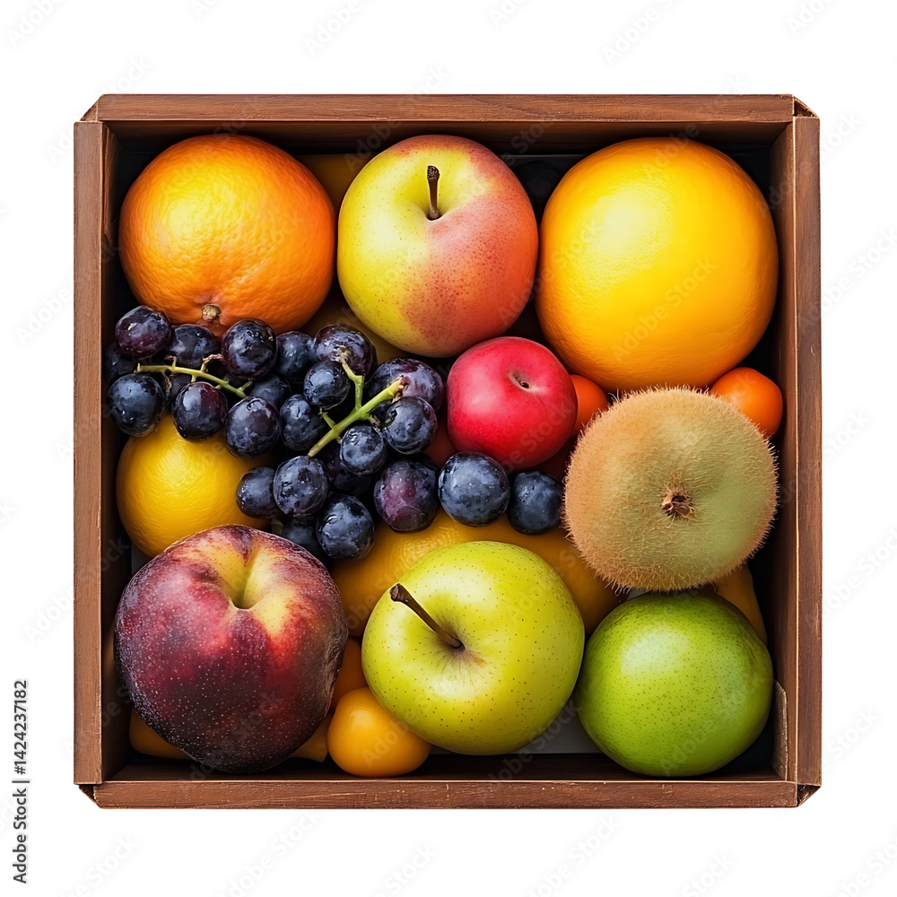 A wooden crate holding a selection of fresh fruits such as grapes bananas lemons oranges and peaches set on a transparent background