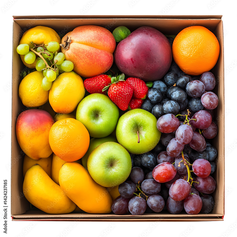 A wooden crate holding a selection of fresh fruits such as grapes bananas lemons oranges and peaches set on a transparent background
