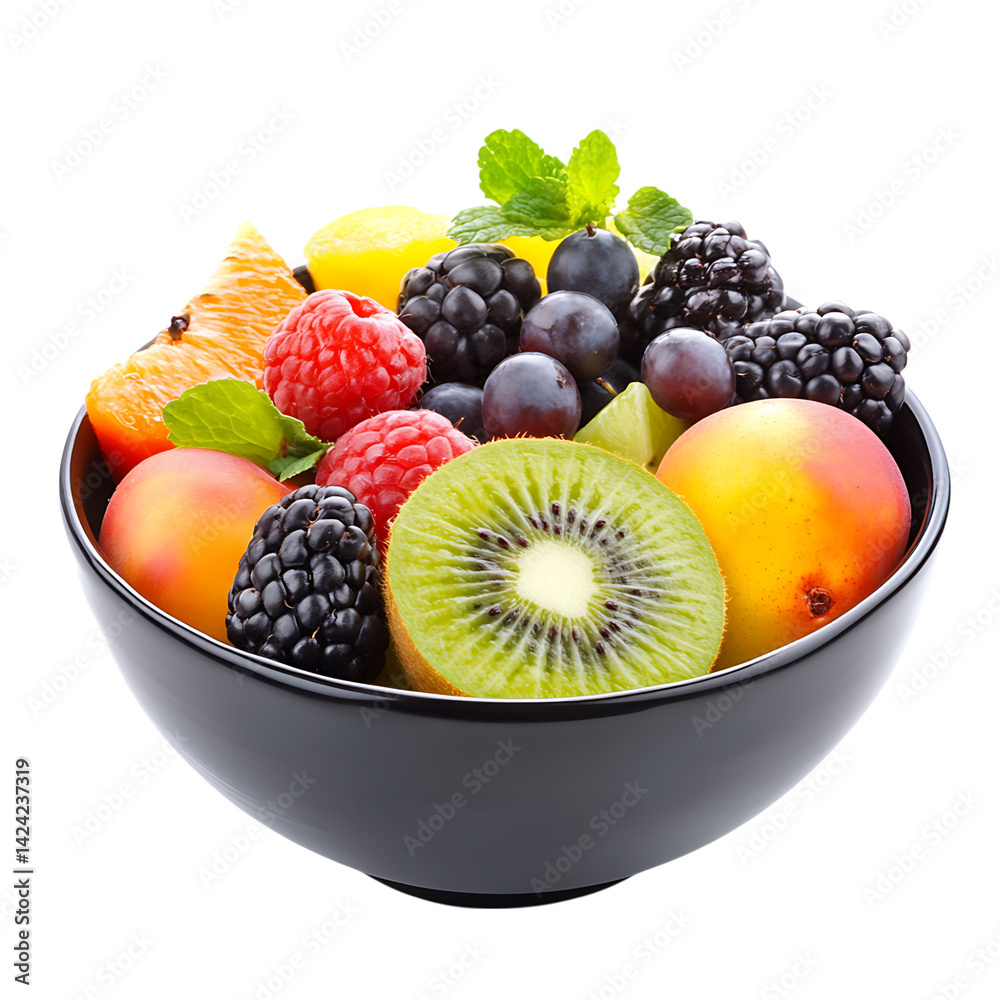 A ceramic bowl filled with a variety of fruits including kiwi berries citrus and peaches arranged freshly on a transparent background