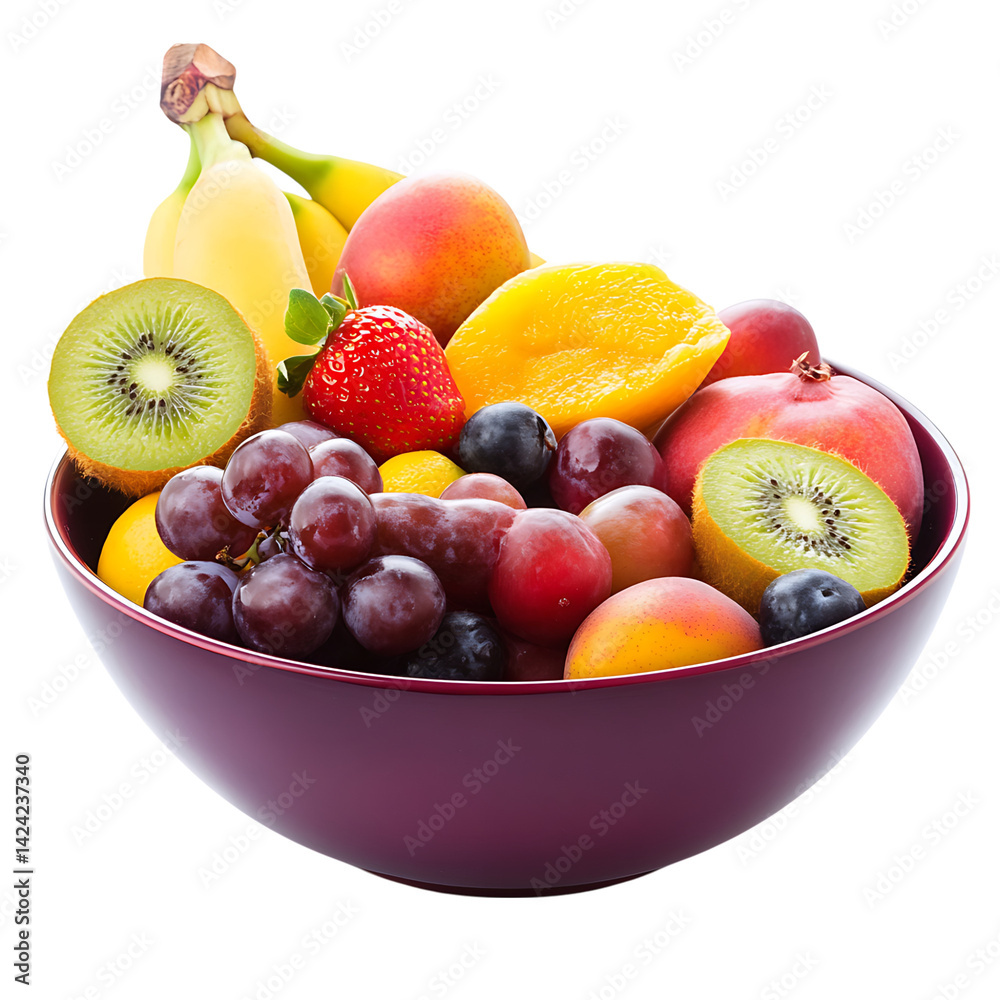 A ceramic bowl filled with a variety of fruits including kiwi berries citrus and peaches arranged freshly on a transparent background