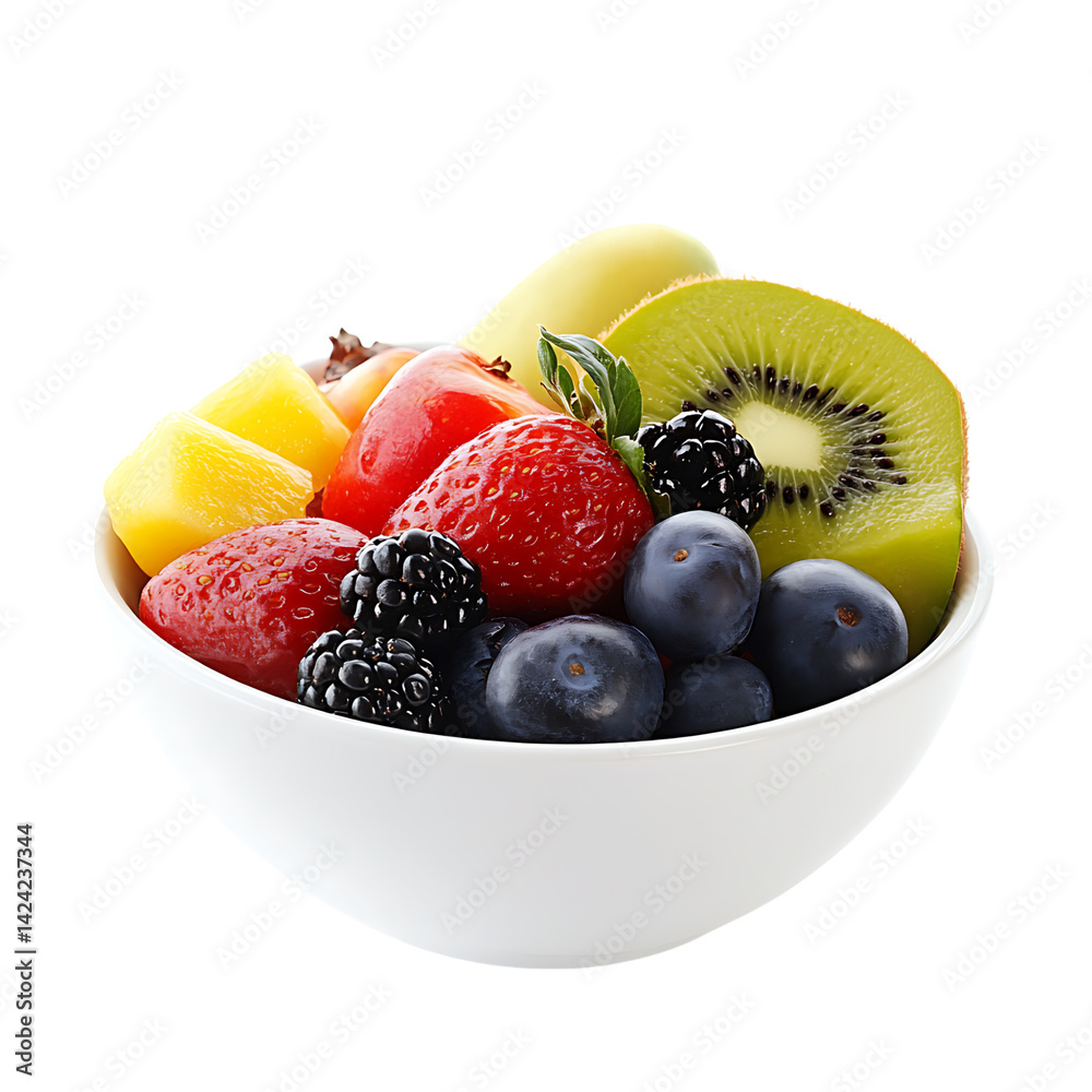 A ceramic bowl filled with a variety of fruits including kiwi berries citrus and peaches arranged freshly on a transparent background
