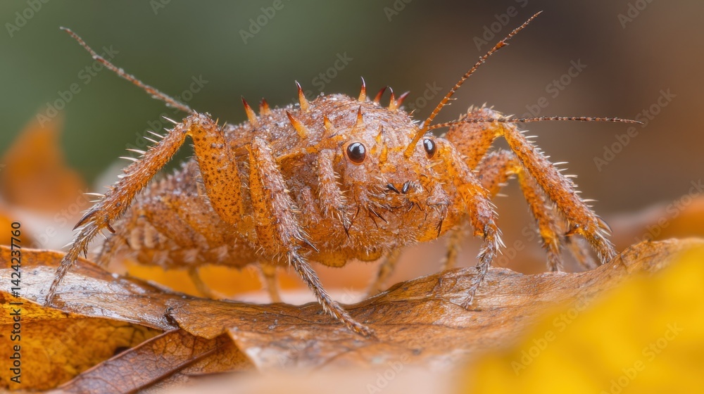 Naklejka premium Close-up of a small, spiny creature on autumn leaves. A detailed view of its textured body, spiky protrusions, and small eyes. Wet, orange-brown coloration blends with dried autumnal leaves