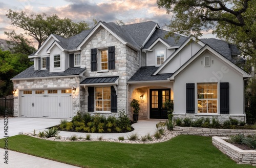a beautiful two-story home in San Antonio, Texas, with a three-car garage and a grey stone exterior wall, light brown stucco front yard