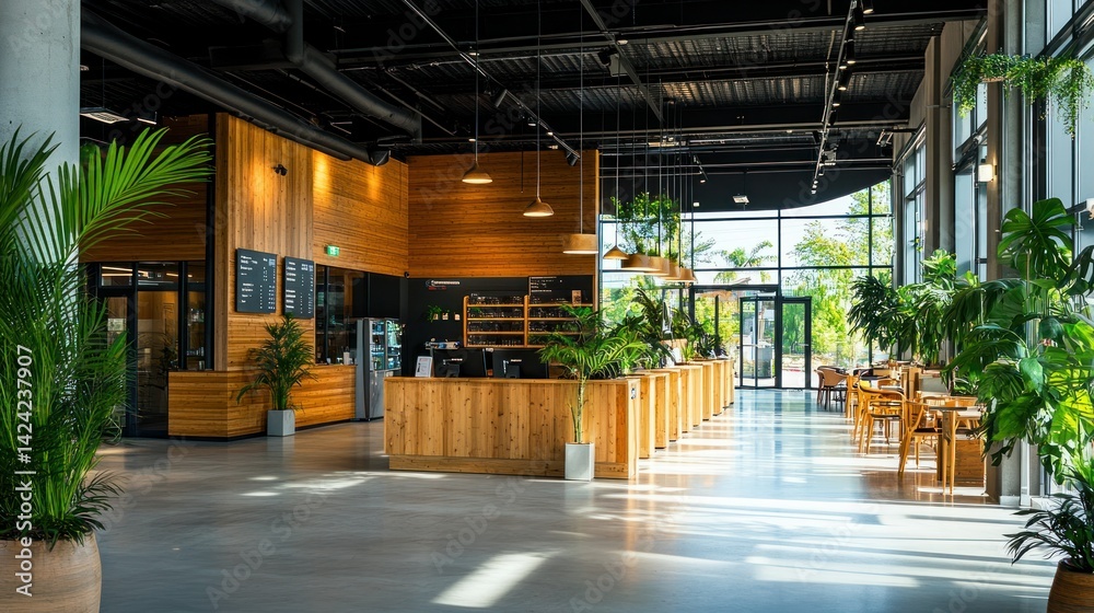 Indoor cafe space with plants and wood accents Indoor cafe space with plants and wood accents