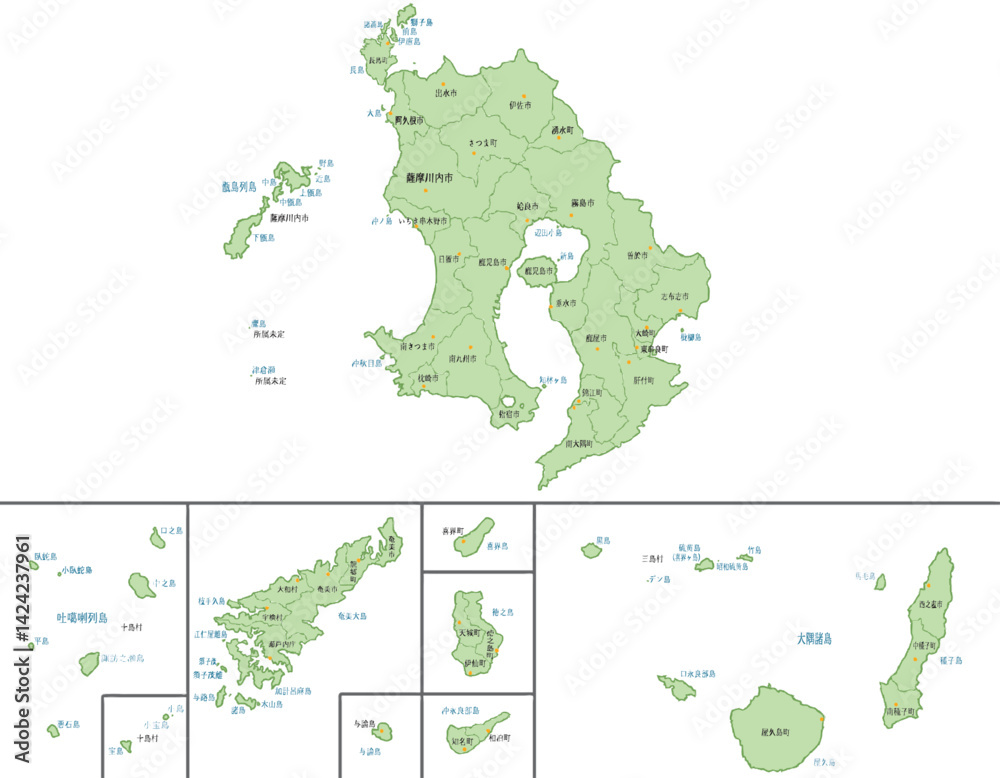 Fototapeta premium 鹿児島県 地図 黄緑 斑点 イラスト
