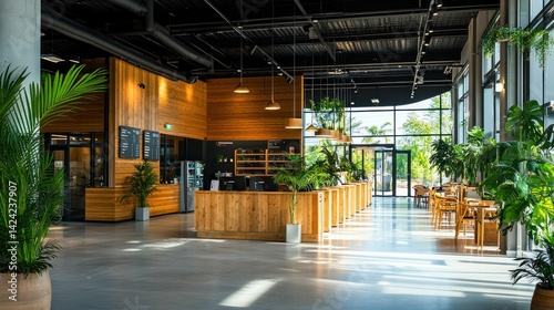 Wallpaper Mural Indoor cafe space with plants and wood accents Torontodigital.ca