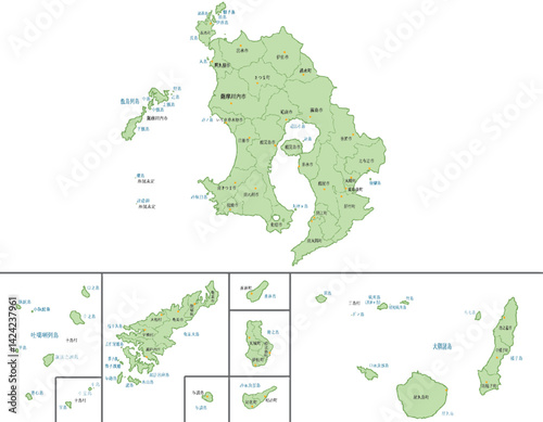 鹿児島県　地図　黄緑　斑点　イラスト