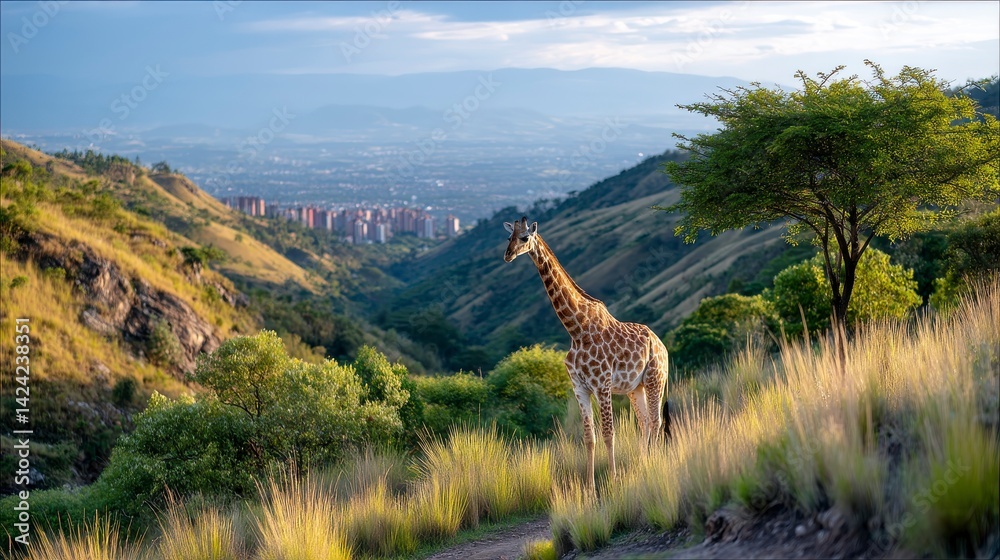 Obraz premium Majestic Giraffe Walking Along Grassy Ridge in Scenic Landscape