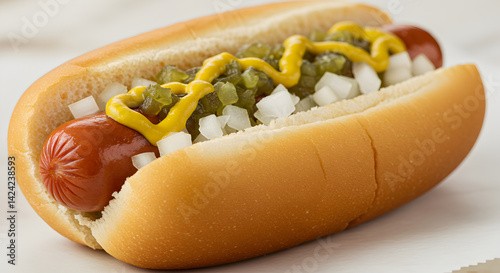 Delicious Hot Dog With Mustard, Onions, and Pickles Close Up Still Life