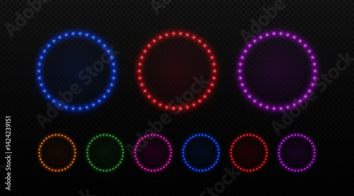 Light circle neon frame with bulbs. Retro lamps round border for cinema, circus and casino. Vector led set on black background.