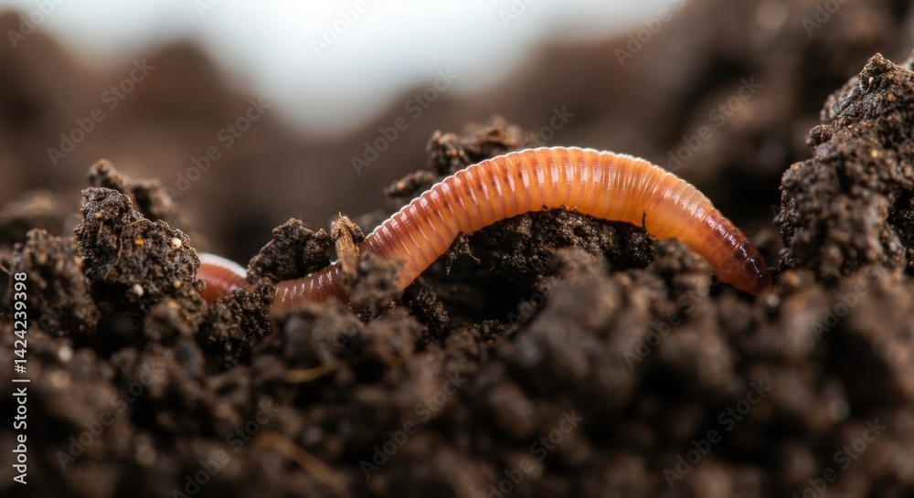 Earthworm in rich soil close-up with brown and pink tones Earthworm in rich soil close-up with brown and pink tones