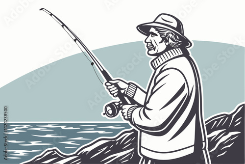 Fisherman Casting A Line On Rocky Shore Retro Illustration For Microstock