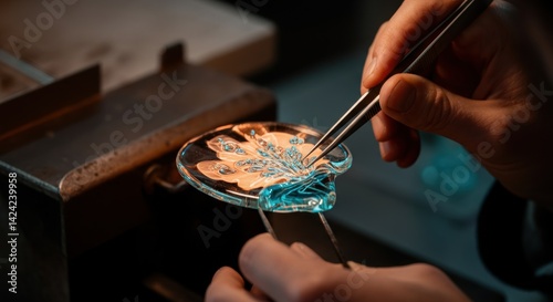Close-up of artisanal glasswork creation with skilled hands using tools photo