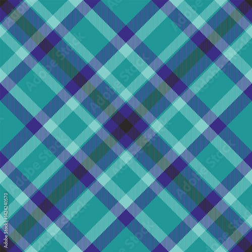 Package textile pattern plaid, production check background vector. Antique texture fabric seamless tartan in teal and indigo colors.