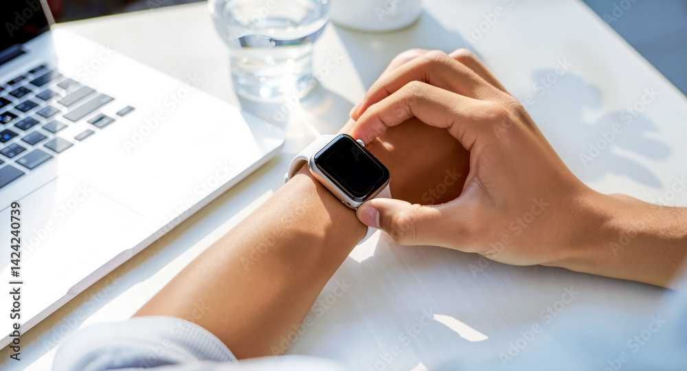 Man's hands using smartwatch technology device at desk near laptop. Checking time, apps or notifications on touch screen. Modern gadget, wearable tech concept.