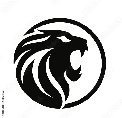 Roaring lion silhouette logo, black on white, circle frame, flat vector icon, wild cat design, king of jungle, bold modern emblem, majestic beast, powerful animal graphic.