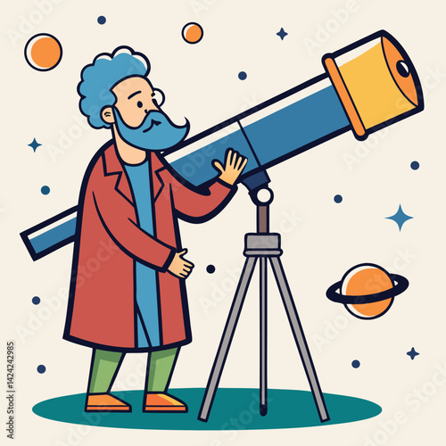 Cartoon Astronomer With Telescope Exploring Space Planets And Stars Illustration