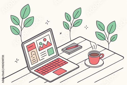 Creative Workspace With Laptop Coffee And Plants Simple Flat Vector Illustration