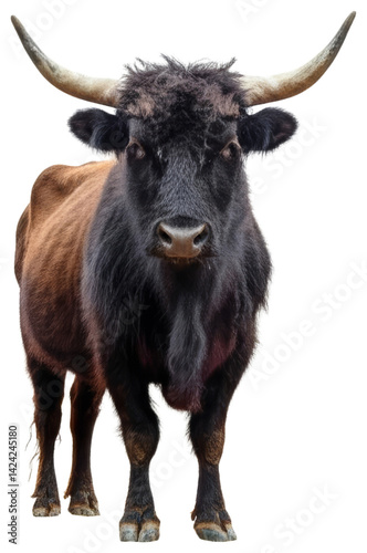 Long-haired horned bovine isolated on white, transparent background png