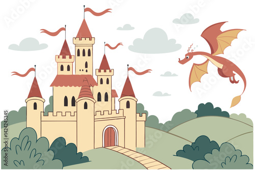Cartoon Dragon Flying Towards A Majestic Castle On A Green Hillside Landscape