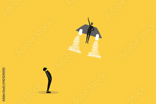 Businessman flying high with jetpack rocket booster. concept of Ambition to success, career growth,  business development, entrepreneur launch new startup project