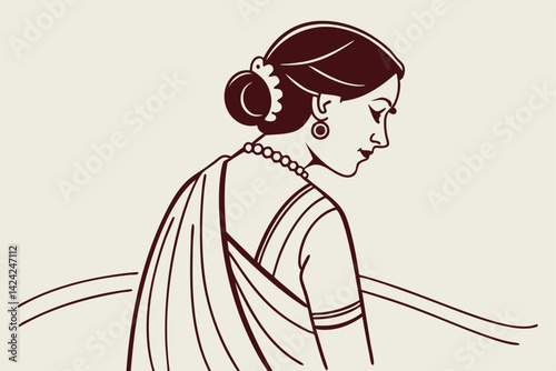 Minimalist Line Art Illustration Of A Woman In Saree With Elegant Hairstyle