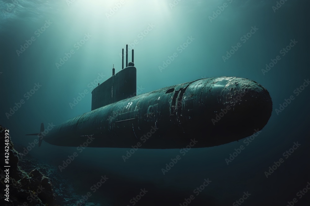 Military submarines diving in the deep sea