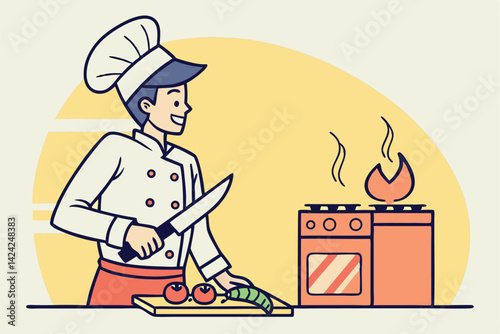 Chef Prepares Ingredients Next To Stove Cooking Meal Preparation Illustration