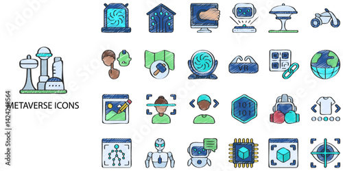 Metaverse simple concept 24 hand drawn color icons set. Contains such  augmented, big, bundle, cartoon, clipart .Vector illustration.