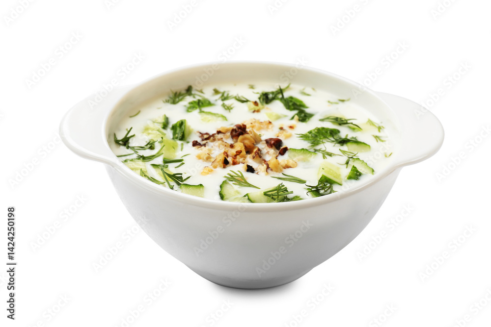 Fresh tasty cucumber soup isolated on white Fresh tasty cucumber soup isolated on white
