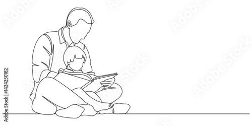 Fathers day line art style vector illustration, father and son line art illustration
