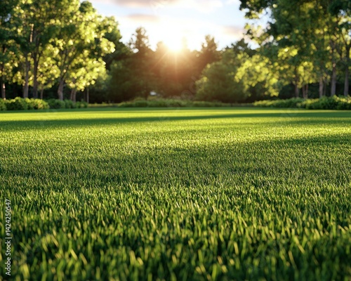 Lush grass field with trees in sunny daylight, peaceful