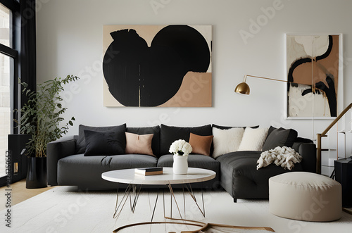 Modern living room with sculptural black accents, soft textiles, and abstract wall art in warm, neutral tones...