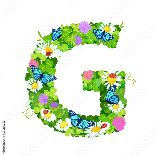 floral font alphabet with clover leaves and flowers, butterflies. ladybugs. trefoils capital letter G