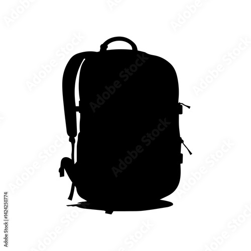 A stark black silhouette of a backpack, presented against a pristine white backdrop, ready for adventure.