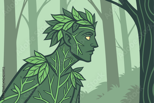 Fantasy Forest Spirit Digital Illustration Featuring Tree Dryad And Magical Greenery