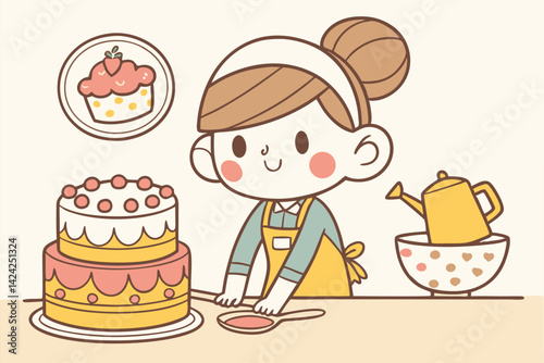 Cute Baker Girl Making Cake With Cupcake And Tea Illustration