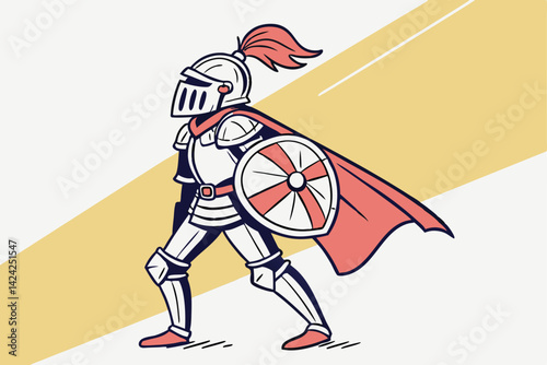 Cartoon Knight In Shining Armor Illustration With Shield And Cape