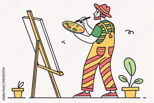 Cartoon Artist Illustration Painter With Palette Canvas And Plants Artistic Hobbyist