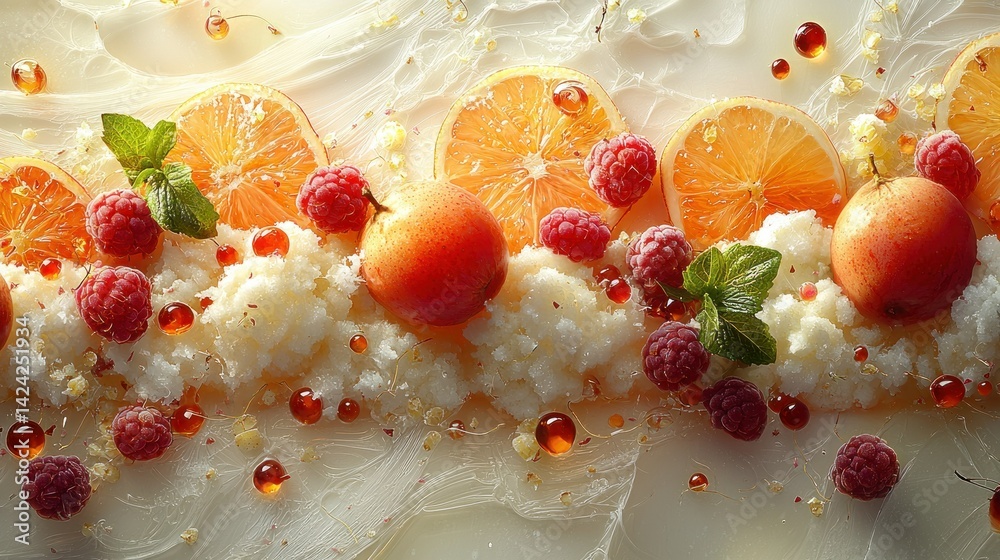 Delicate dessert, fresh fruits, and edible gems Delicate dessert, fresh fruits, and edible gems