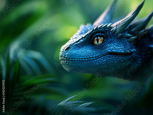 detailed blue dragon with intricate scales and piercing eye, surrounded by lush green foliage, evokes sense of wonder